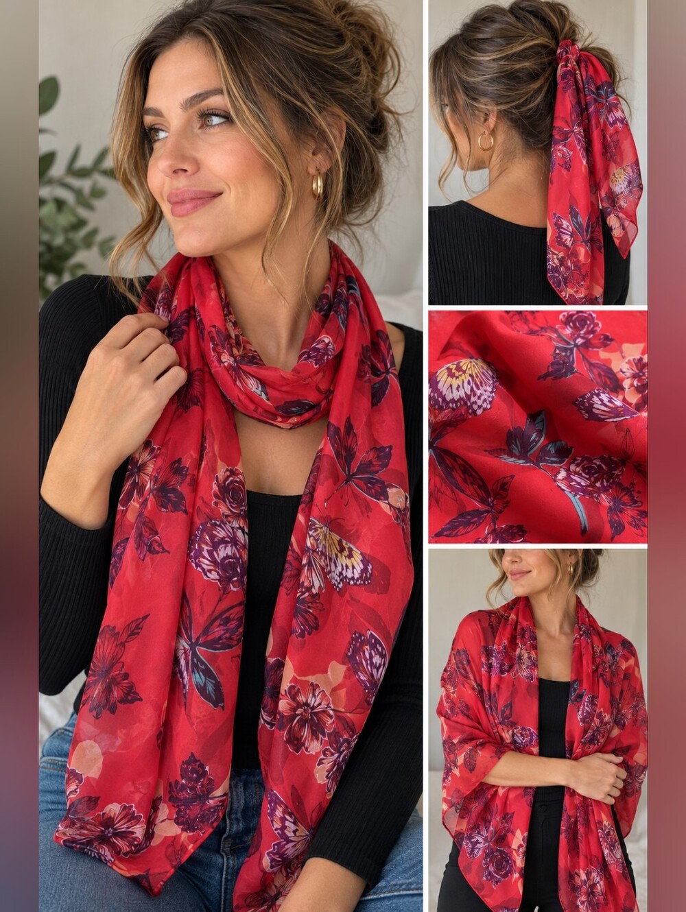 Obey Red Floral Butterfly Scarf Lightweight Purple Multicolor 79"